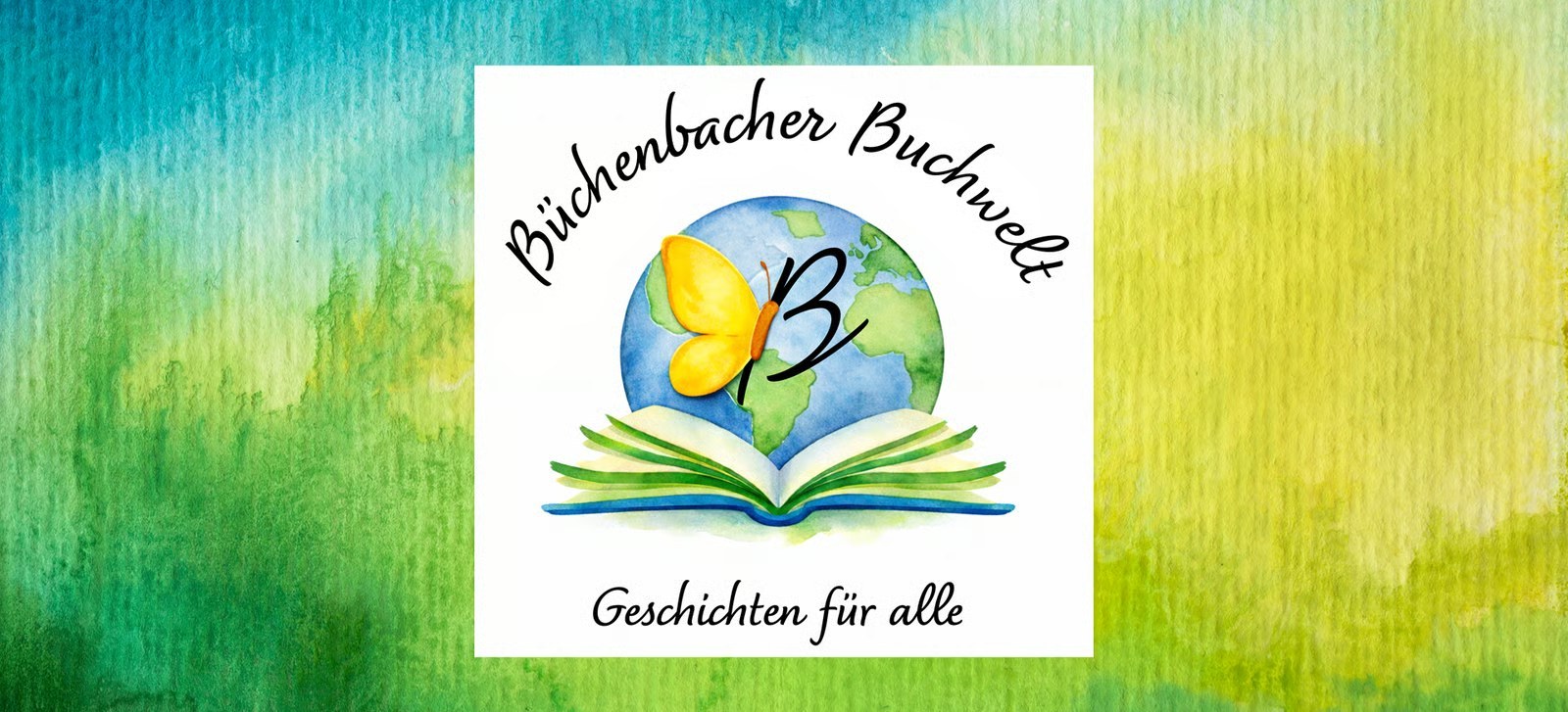 Büchenbacher Buchwelt – Geschichten für alle: Logo mit Buch und Weltkugel